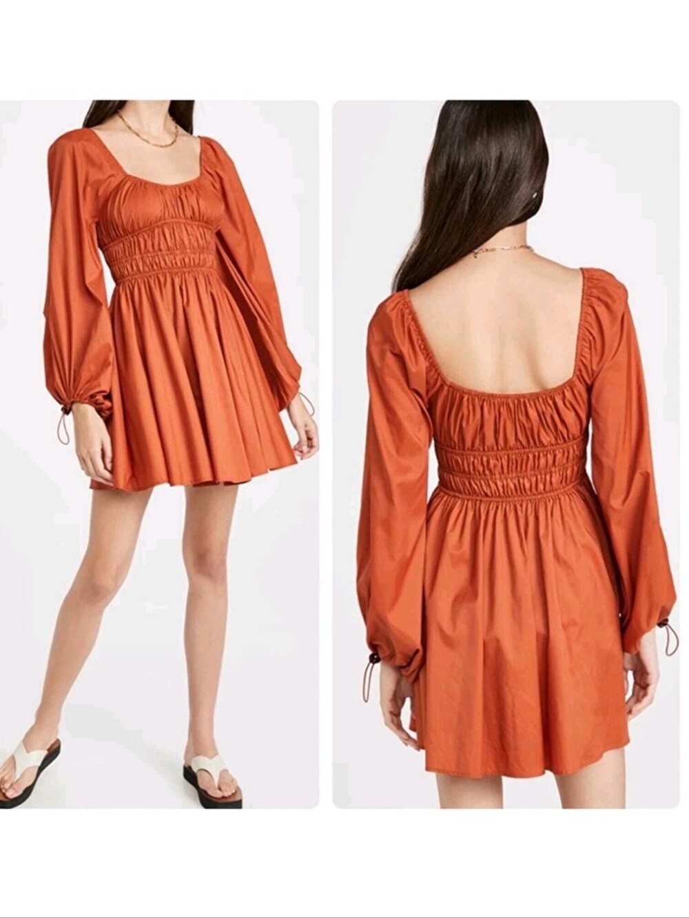 Staud Bow Mini Dress Puff Sleeve Rust Orange Nylon Smocked Size 10  $295